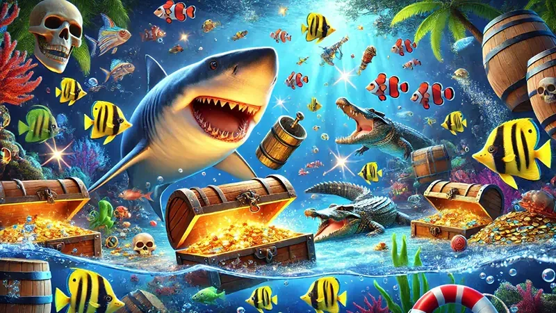 Visual permainan tembak ikan dengan suasana laut berwarna